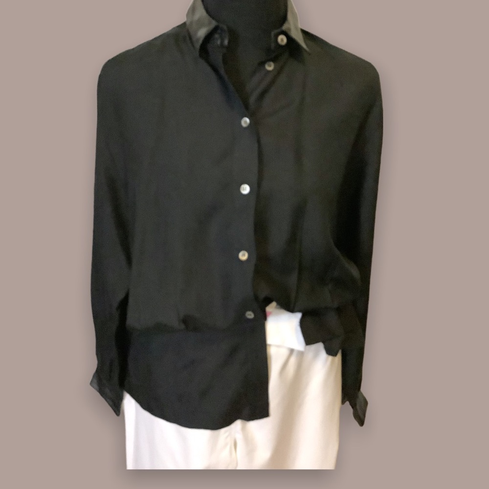 August Max silk and leather trim black blouse size 6
